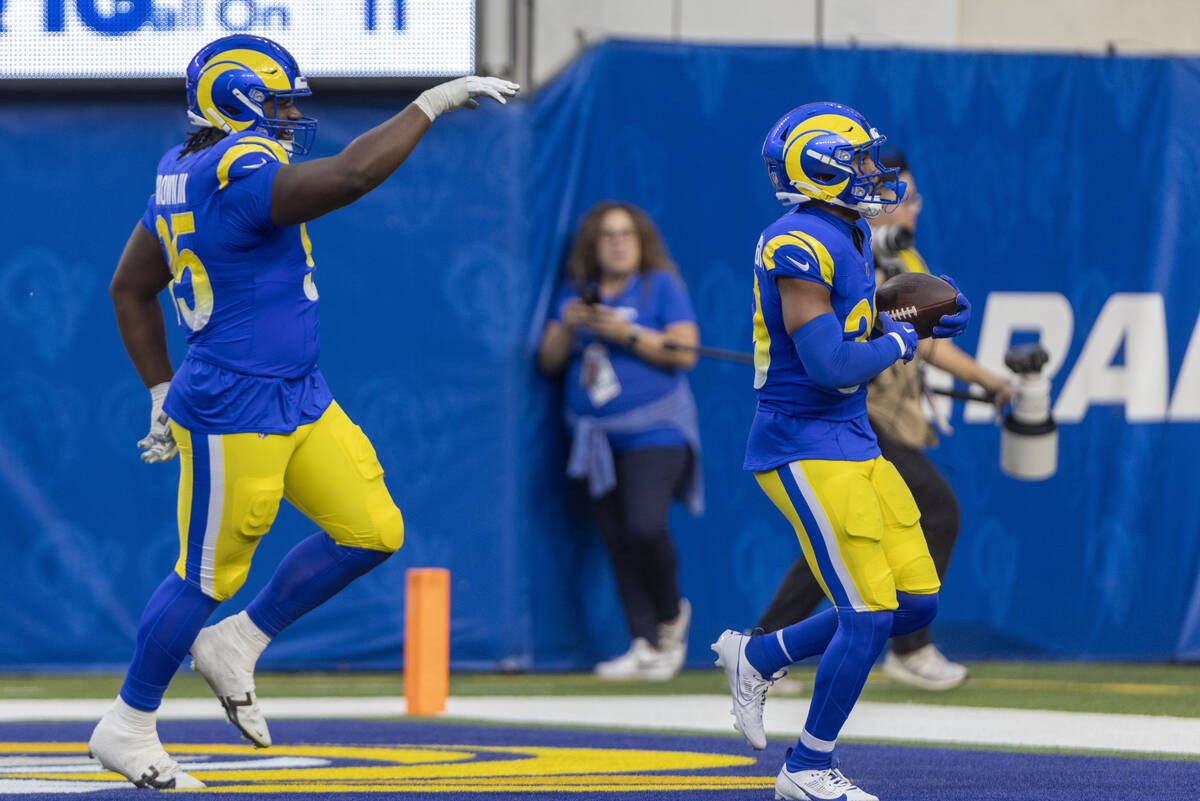 Los Angeles Rams safety Jaylen McCollough (39) celebrates his interception of Raiders quarterba ...