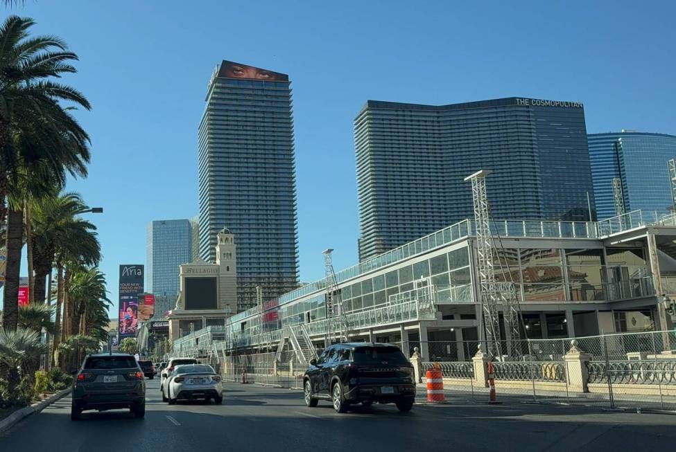 Traffic on Las Vegas Boulevard while the Las Vegas Grand Prix hospitality space is being constr ...