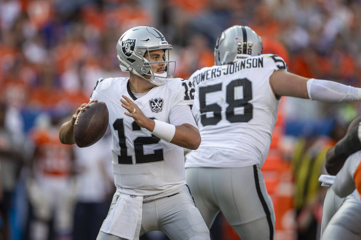 Raiders quarterback Aidan O'Connell (12) prepares to throw during the second half of an NFL gam ...