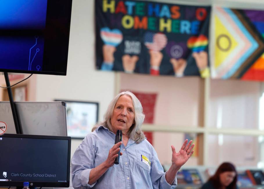 Ellen Hopkins, a banned author, speaks at Arbor View High School library, on Monday, Oct. 21, 2 ...