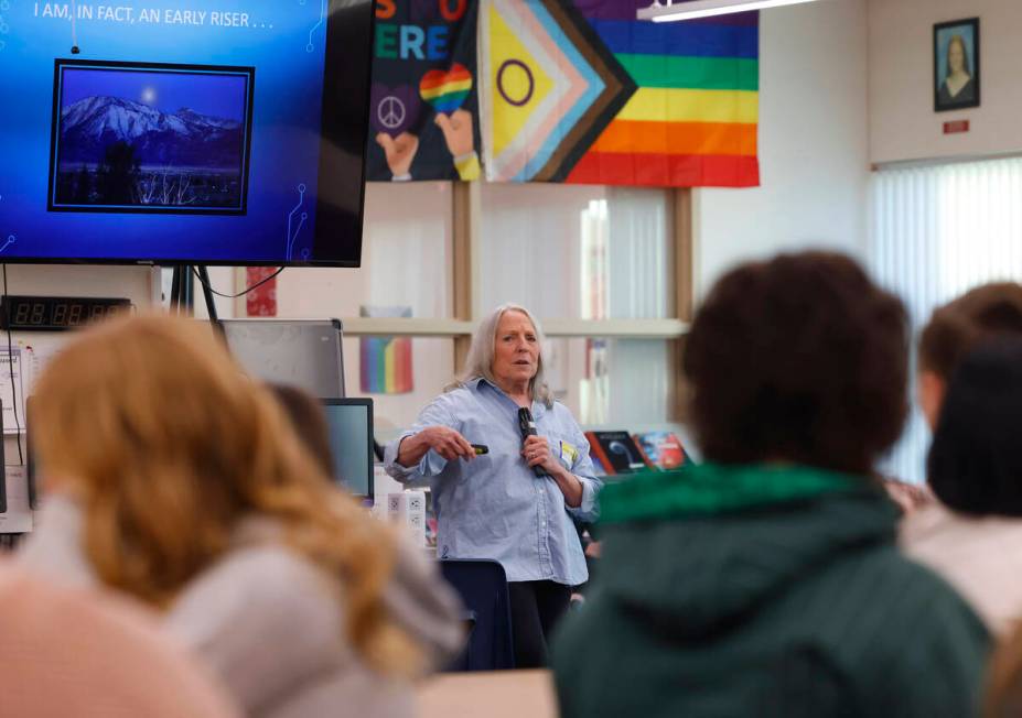 Ellen Hopkins, a banned author, speaks at Arbor View High School library, on Monday, Oct. 21, 2 ...