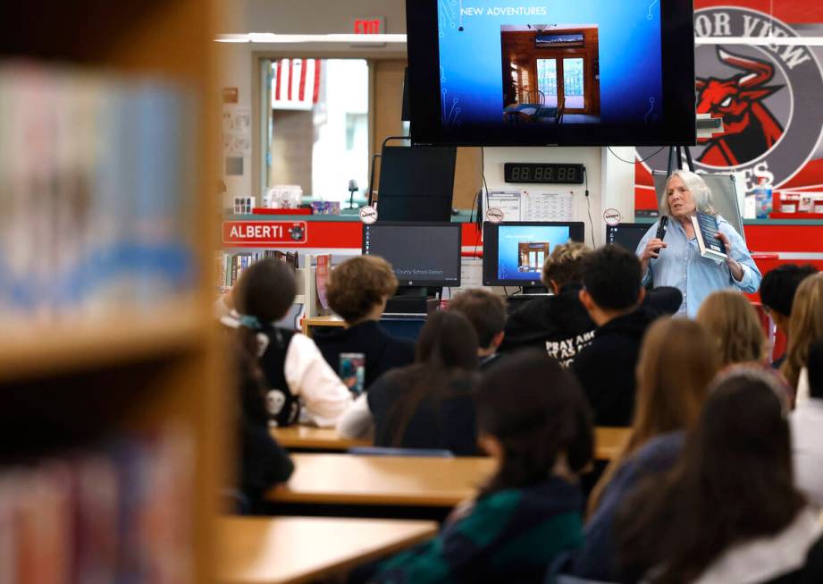 Ellen Hopkins, a banned author, speaks at Arbor View High School library, on Monday, Oct. 21, 2 ...