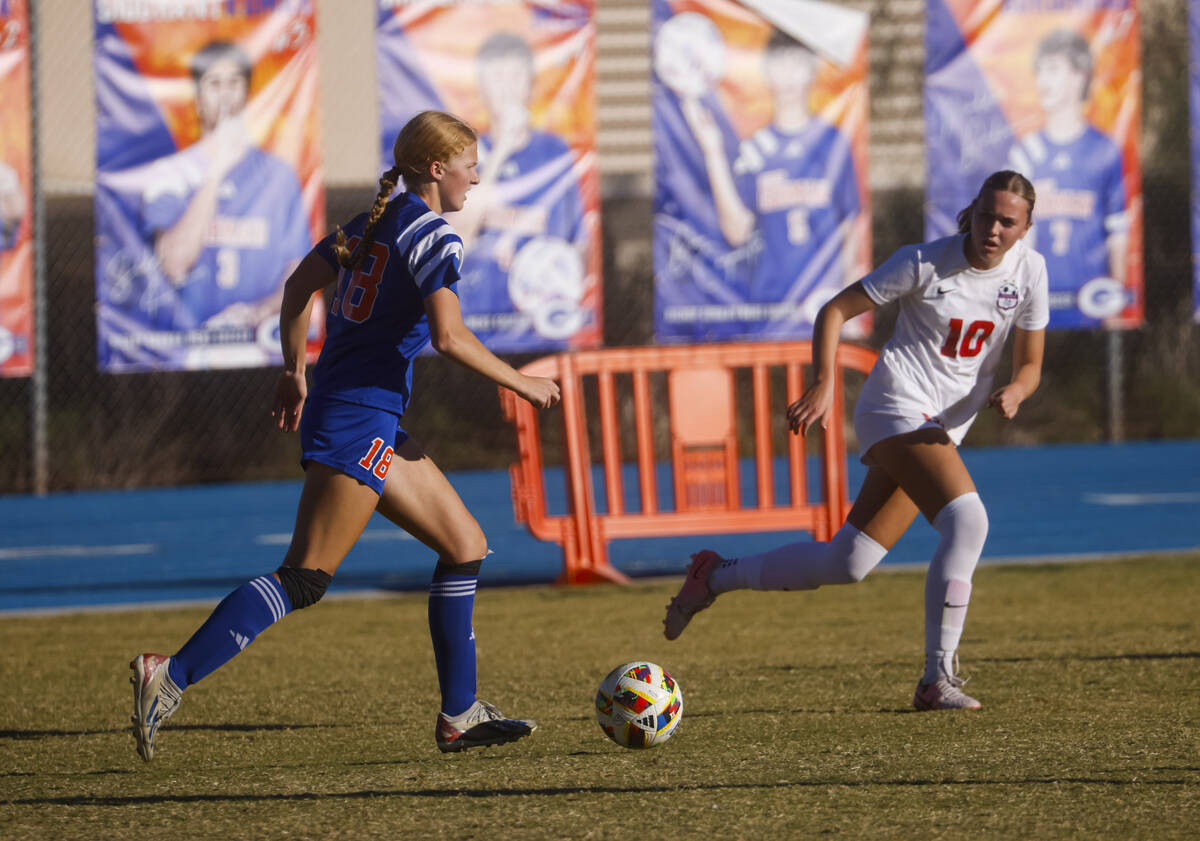 Bishop Gorman defender Grace Yager (18) brings the ball up the field against Coronado midfielde ...