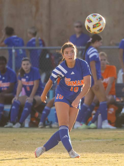 Bishop Gorman midfielder Stephenie Hackett (10) kicks the ball while playing against Coronado d ...