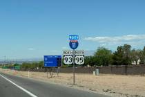 An Interstate 11 road sign on in Henderson on April 21, 2024. (Mick Akers/Las Vegas Review-Journal)