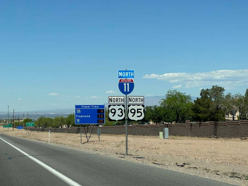 An Interstate 11 road sign on in Henderson on April 21, 2024. (Mick Akers/Las Vegas Review-Journal)