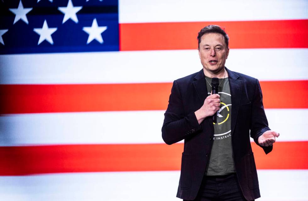 Elon Musk speaks at Life Center Church in Harrisburg, Pa., Saturday, Oct. 19, 2024. (Sean Simme ...