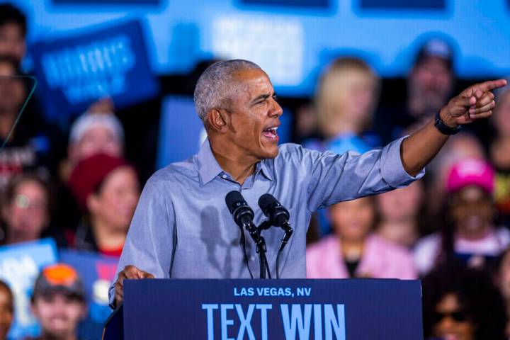 Former President Barack Obama speaks on behalf of the Harris-Walz campaign at Cheyenne High Sch ...