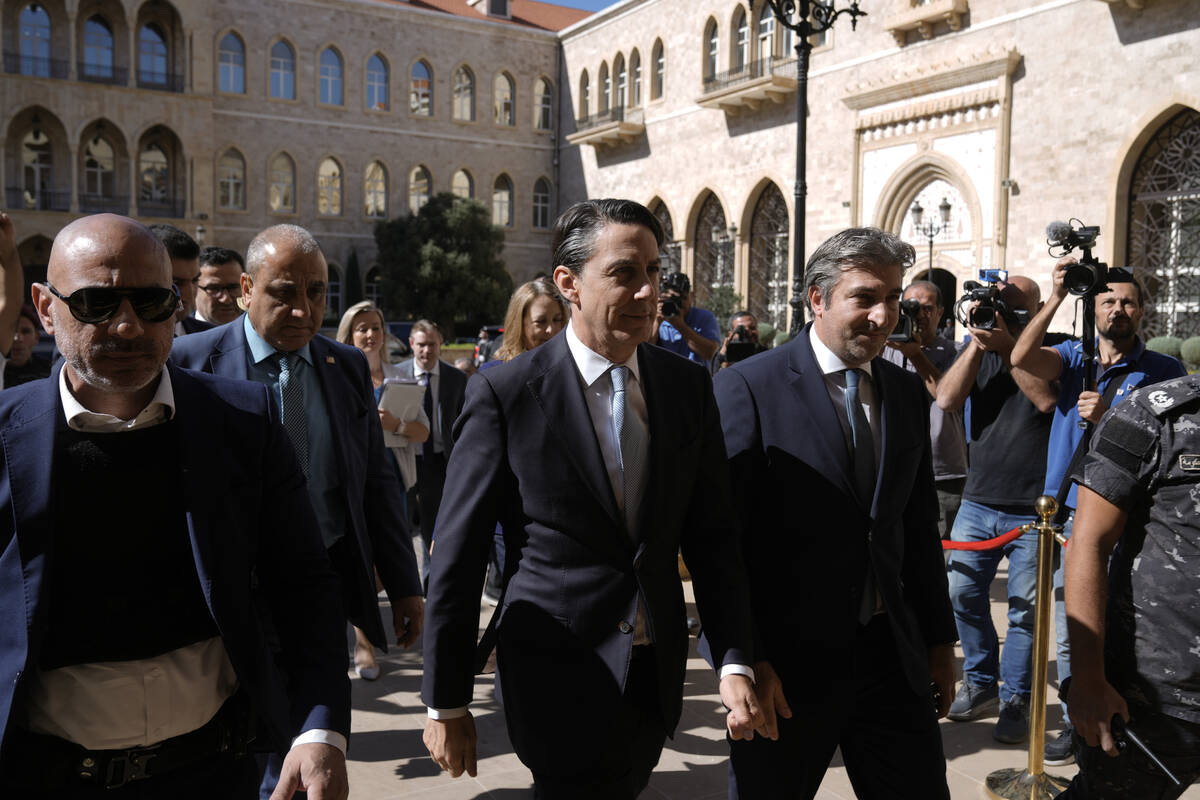 U.S. envoy Amos Hochstein, center, arrives at the government house ahead of a meeting with Leba ...