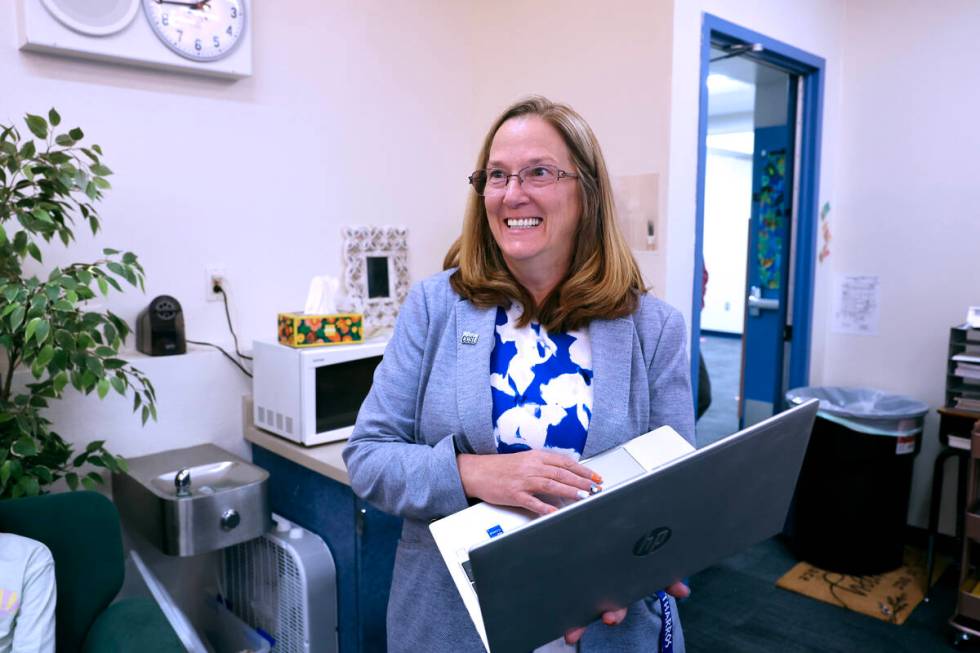 Lee Antonello Elementary School Principal Kathi Rozek stops by the classroom of teacher Nicole ...