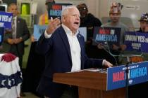 Democratic vice presidential nominee Minnesota Gov. Tim Walz speaks during a campaign event, Fr ...