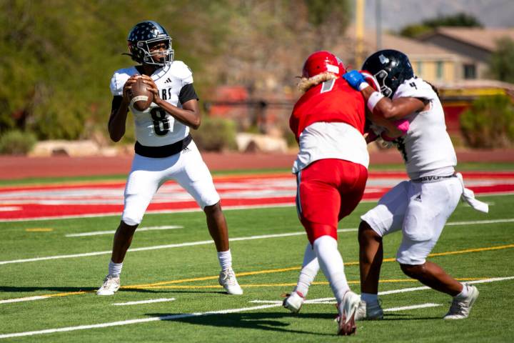 Desert Pines quarterback Zeyshawn Martin (8) looks to throw the ball during the high school foo ...