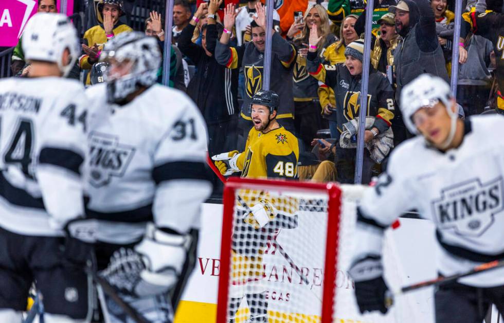 Golden Knights center Tomas Hertl (48) celebrtates a goal against Los Angeles Kings goaltender ...