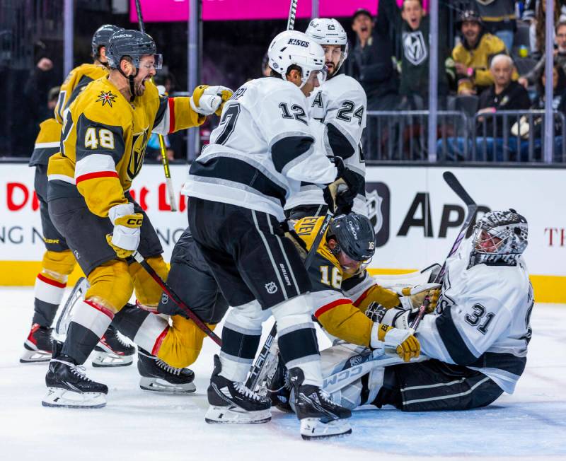 Golden Knights center Tomas Hertl (48) yells to Golden Knights left wing Pavel Dorofeyev (16) a ...