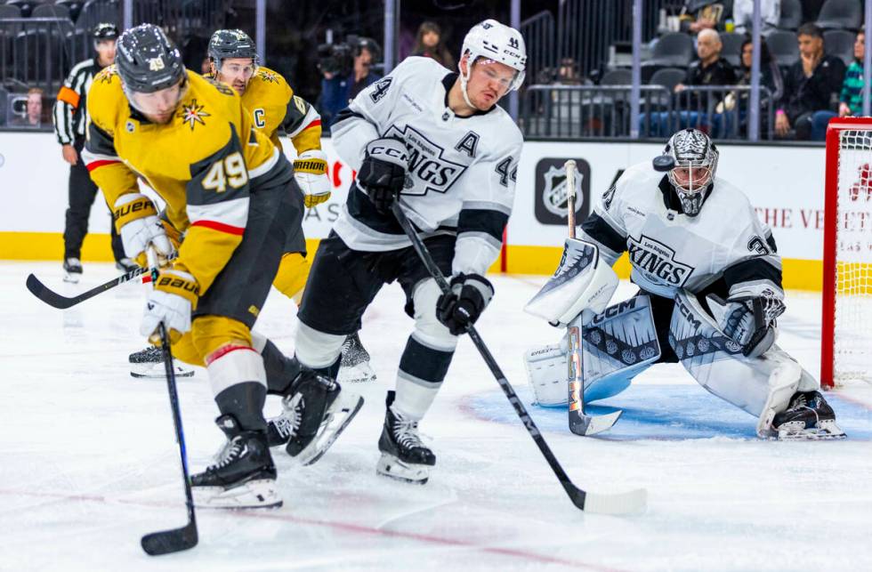 Golden Knights center Ivan Barbashev (49) deflects a puck towards the goalie by Los Angeles Kin ...