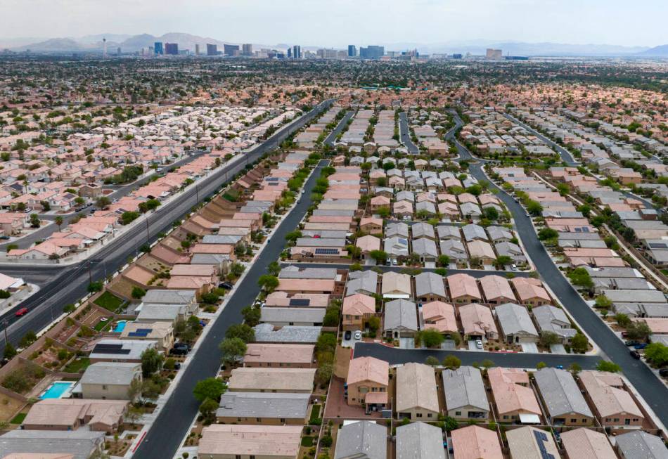 An aerial photo shows homes near Buffalo Drive, on Thursday, June 15, 2023, in Las Vegas. (Bizu ...