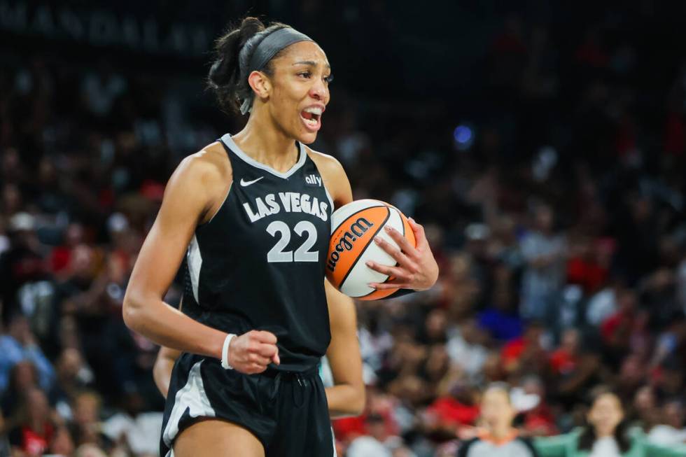 Aces center A'ja Wilson (22) reacts to a call by a referee during game four of a WNBA semifinal ...