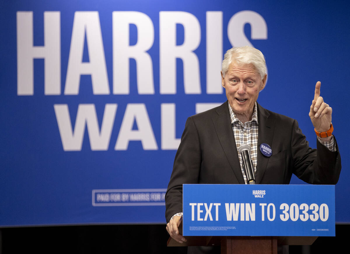 Former President Bill Clinton speaks during a Harris-Walz campaign stop at the Doolittle Commun ...