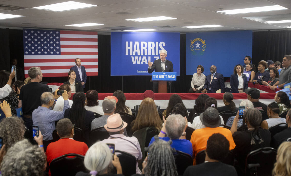 Former President Bill Clinton speaks during a Harris-Walz campaign stop at the Doolittle Commun ...