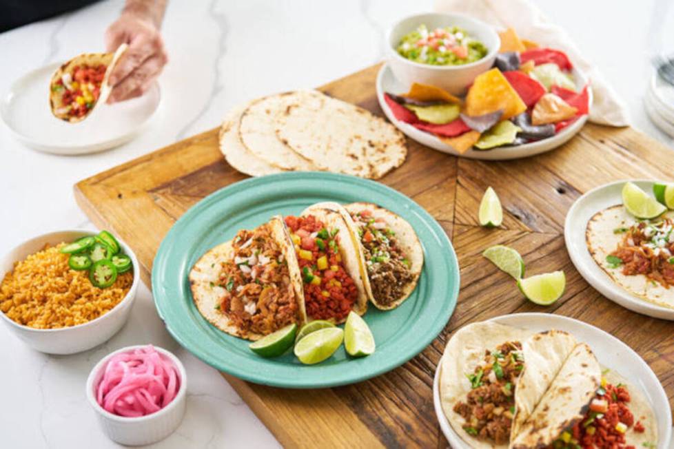 A spread of plant-based tacos from Tacotarian, the popular vegan taqueria founded in Las Vegas. ...