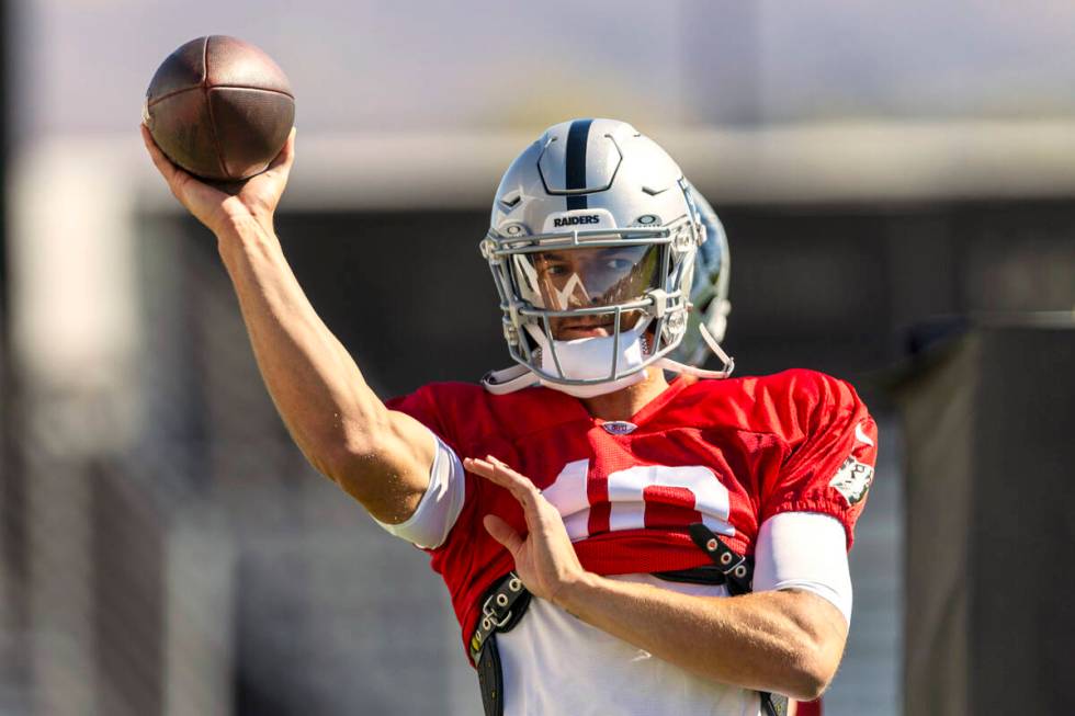 Raiders quarterback Desmond Ridder (10) prepares to throw the football during team practice at ...