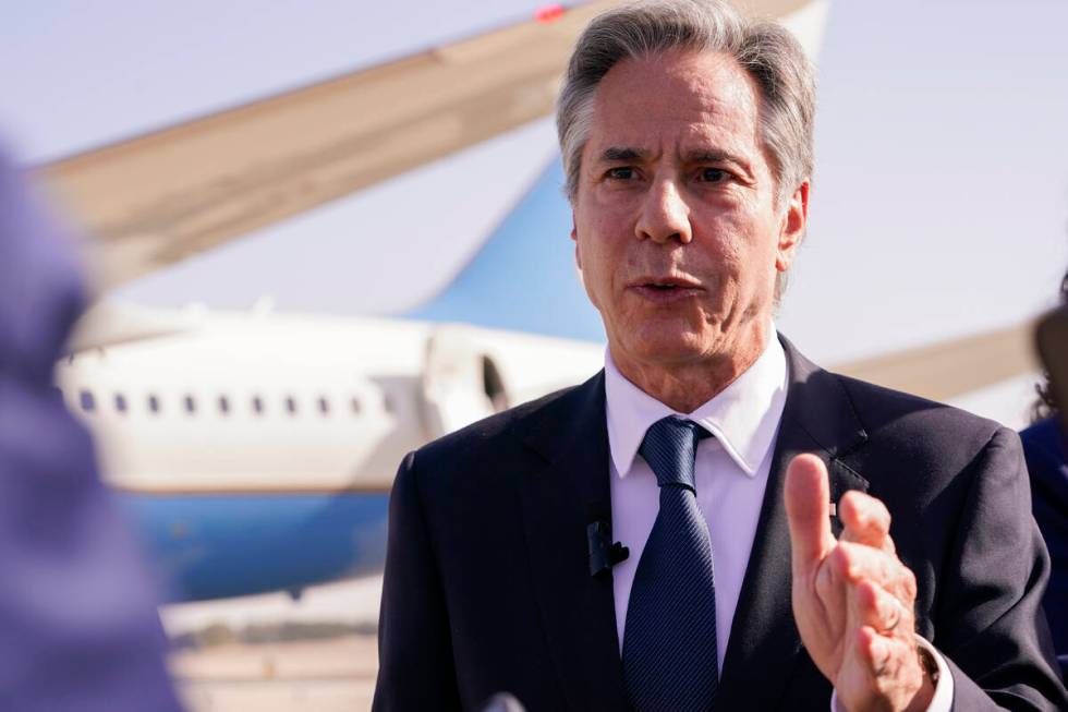 U.S. Secretary of State Antony Blinken speaks with members of the media as he arrives at Ben Gu ...