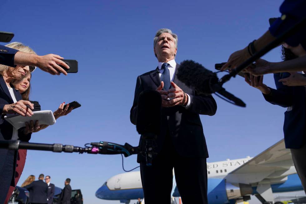 U.S. Secretary of State Antony Blinken speaks with members of the media as he arrives at Ben Gu ...