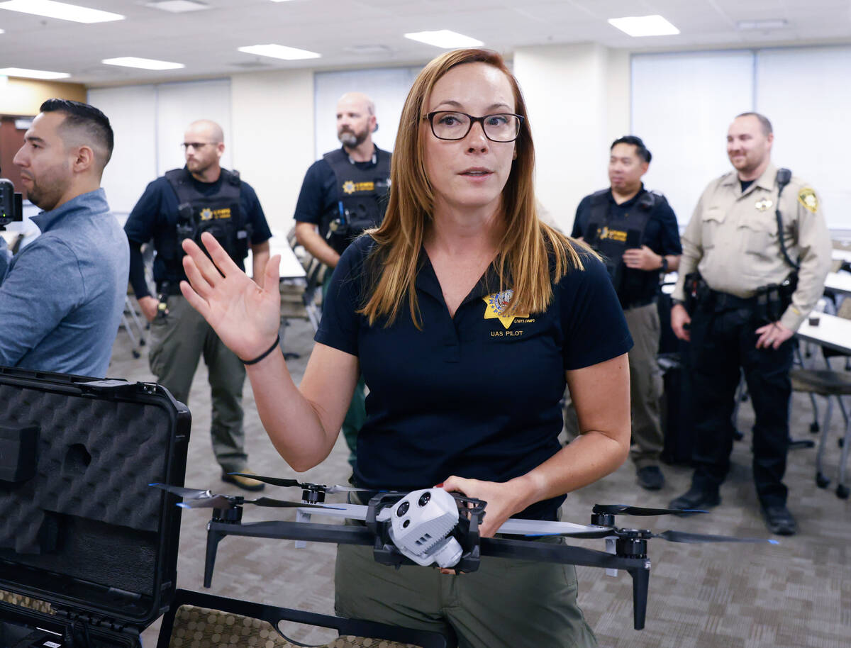 Mary Movius, a civilian drone operator, gives members of the media a drone demonstration at Met ...