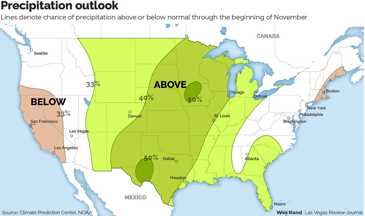 The Climate Prediction Center shows the odds of precipitation being above or below normal or no ...