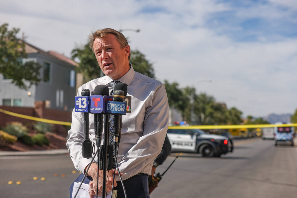 Clark County Fire Chief John Steinbeck addresses the media during a press conference regarding ...