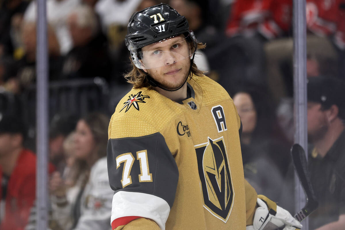 Golden Knights center William Karlsson (71) skates around the net after Hurricanes goaltender S ...