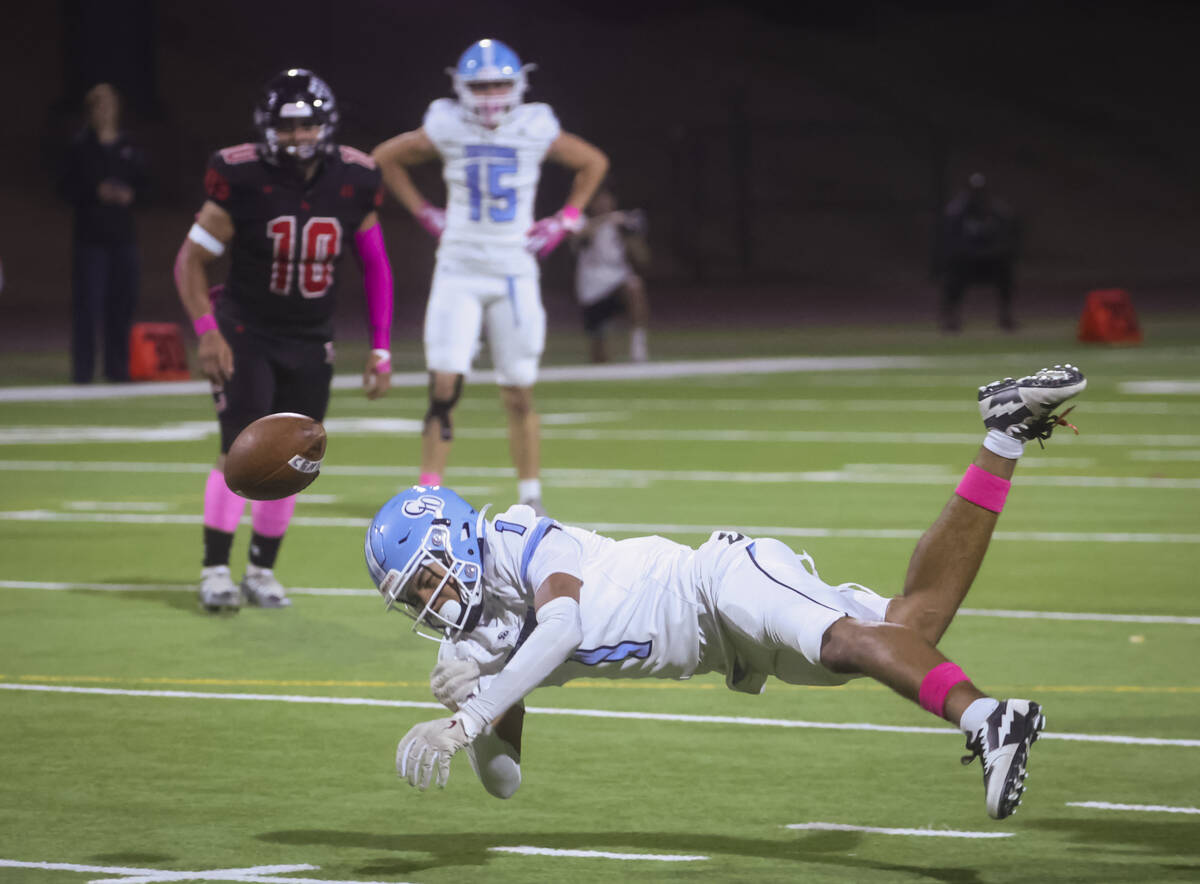 Centennial's Jayden Thomas (1) comes up short ton a pass during a football game at Las Vegas Hi ...