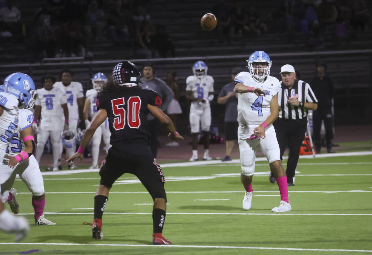 Centennial quarterback Ashton Hunt (4) throws a pass during a football game at Las Vegas High S ...