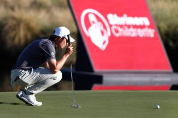 Maverick McNealy of Las Vegas checks his line at green No.18 during the third round of the Shri ...