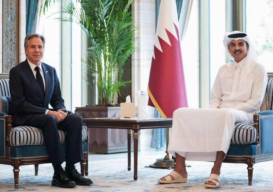 U.S. Secretary of State Antony Blinken, left, meets with Qatar's Emir Sheikh Tamim bin Hamad al ...