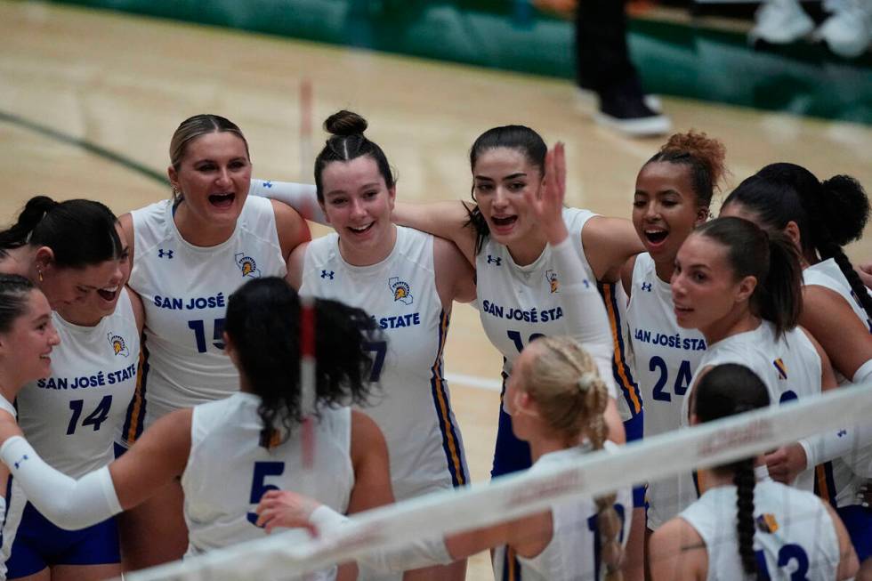 San Jose State players huddle before facing Colorado State in the first set of an NCAA college ...