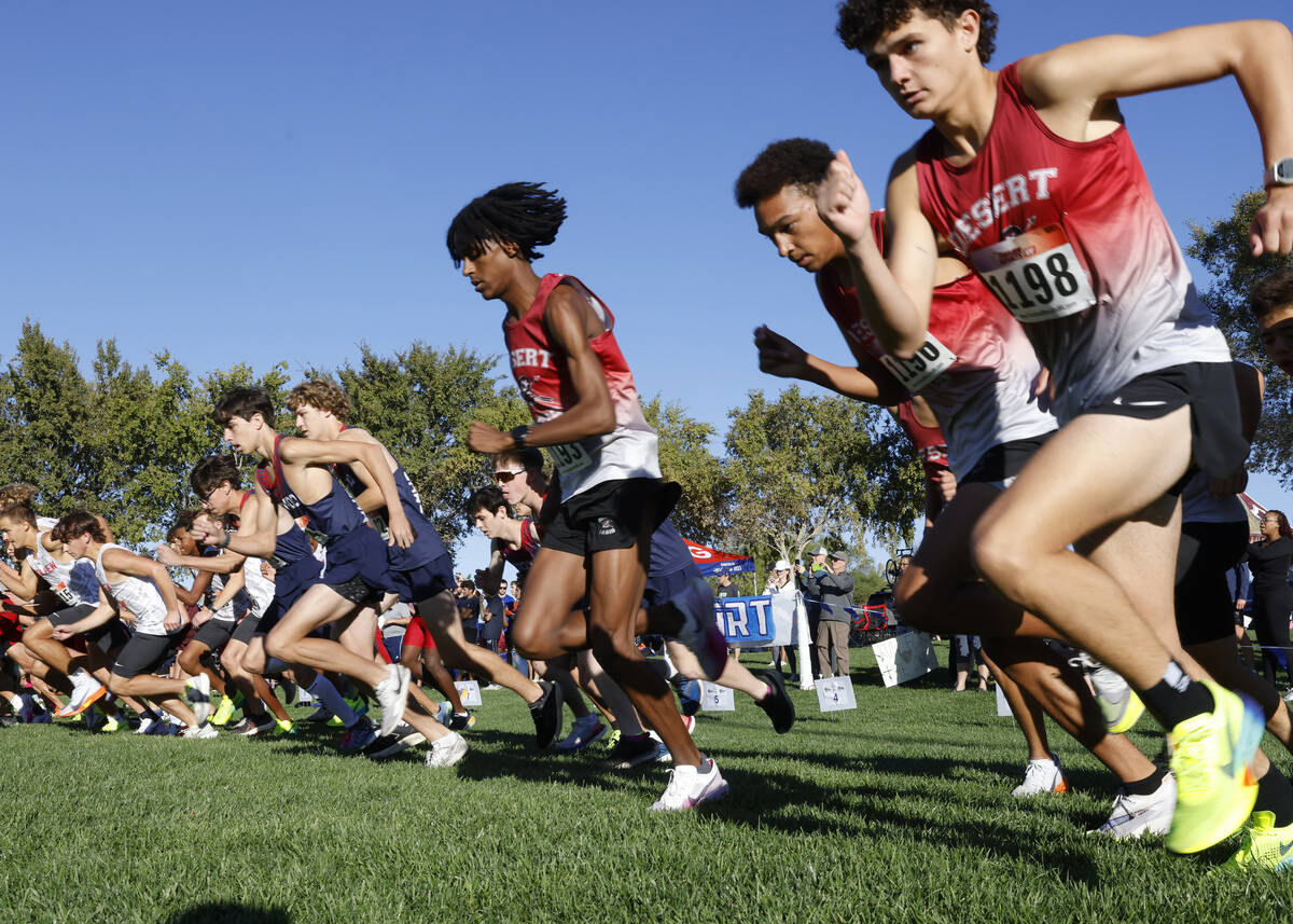 Runners of the 5A Southern Region boys cross country meet take off at Veterans Memorial Park, o ...