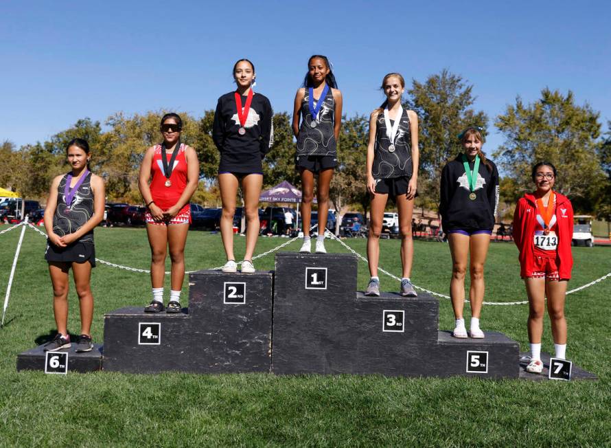 (Left to right) The 4A Mountain girls cross country region meet winners Selina Leopard of Clark ...