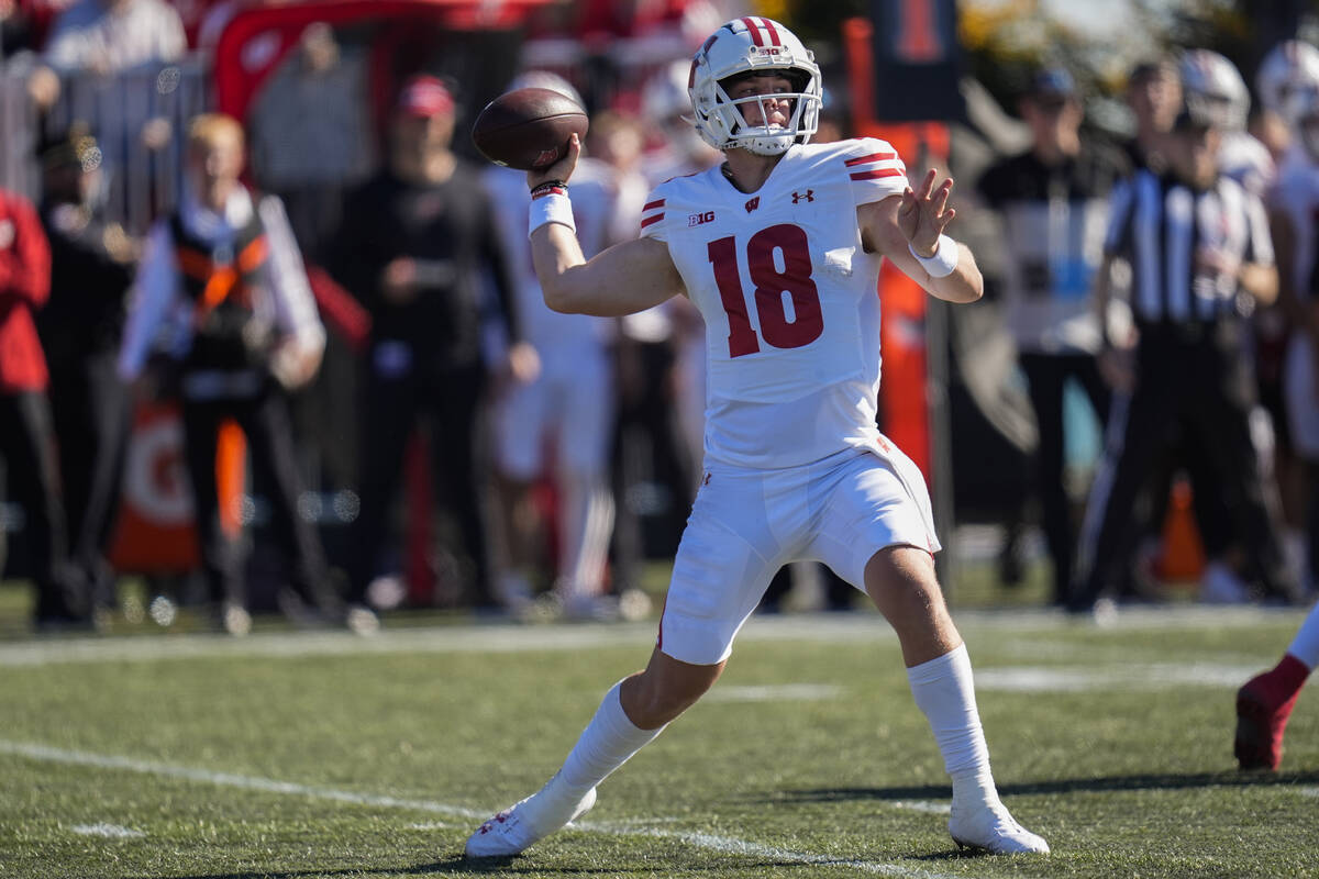 Wisconsin quarterback Braedyn Locke passes the ball during the first half of an NCAA college fo ...