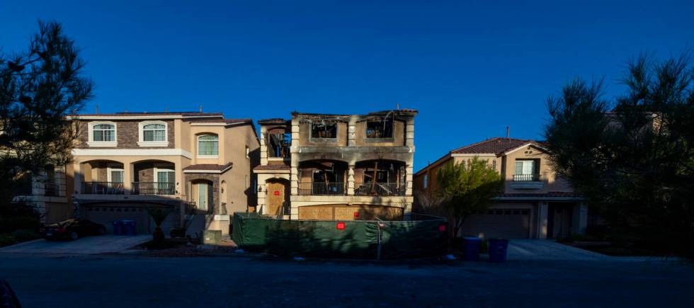 Exterior of fatal house fire at 8332 Langhorne Creek Street on Friday, Oct. 25, 2024, in Las Ve ...