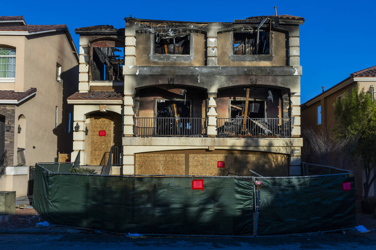 Exterior of fatal house fire at 8332 Langhorne Creek Street on Friday, Oct. 25, 2024, in Las Ve ...