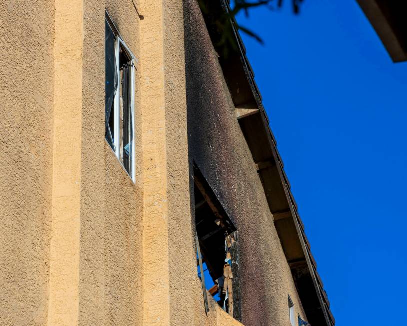 Damage on the outside wall exterior of fatal house fire at 8332 Langhorne Creek Street on Frida ...