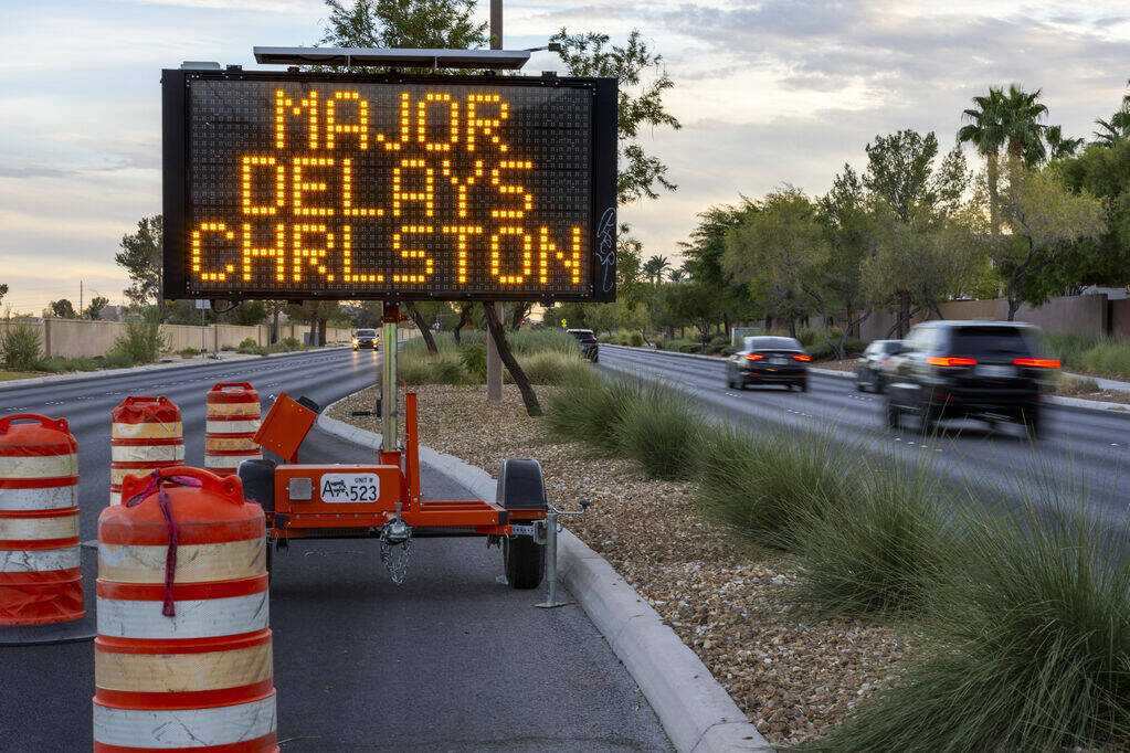 Signage on S. Hualapai Way southbound warning of major delays the next week along W. Charleston ...