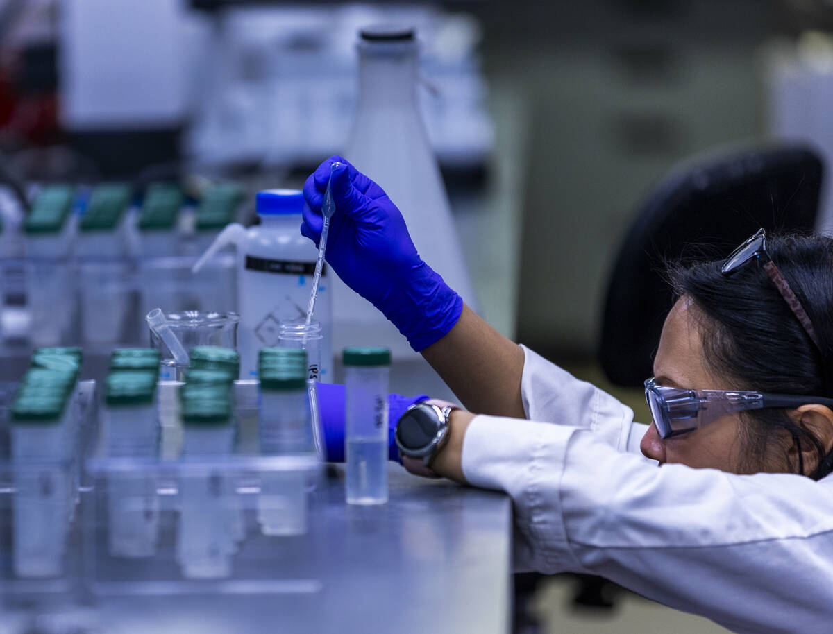 A technician prepares water samples for testing at the lab within the Clark County Water Reclam ...