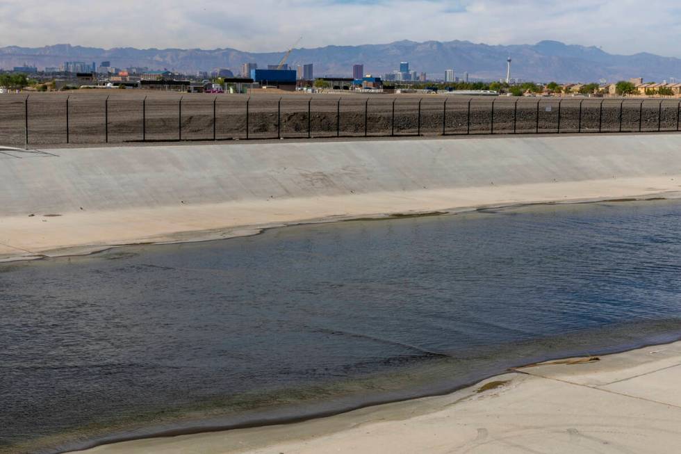 Treated water flows down a channel and into the Las Vegas wash adjacent to the Clark County Wat ...