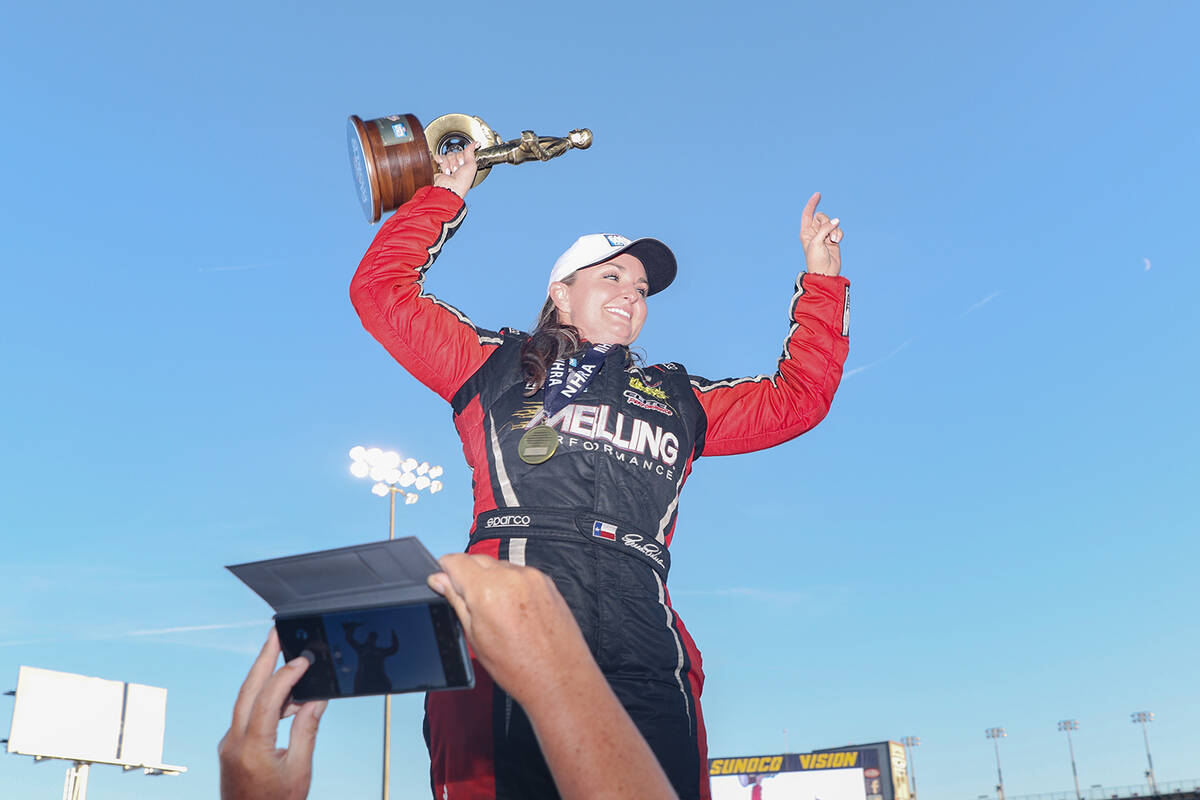 Erica Enders enters the stage after winning the Pro Stock Nevada Nationals for NHRA at the Las ...