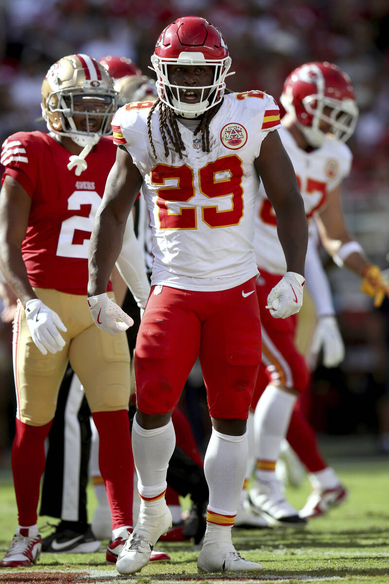 Kansas City Chiefs running back Kareem Hunt (29) celebrates a score during an NFL football game ...