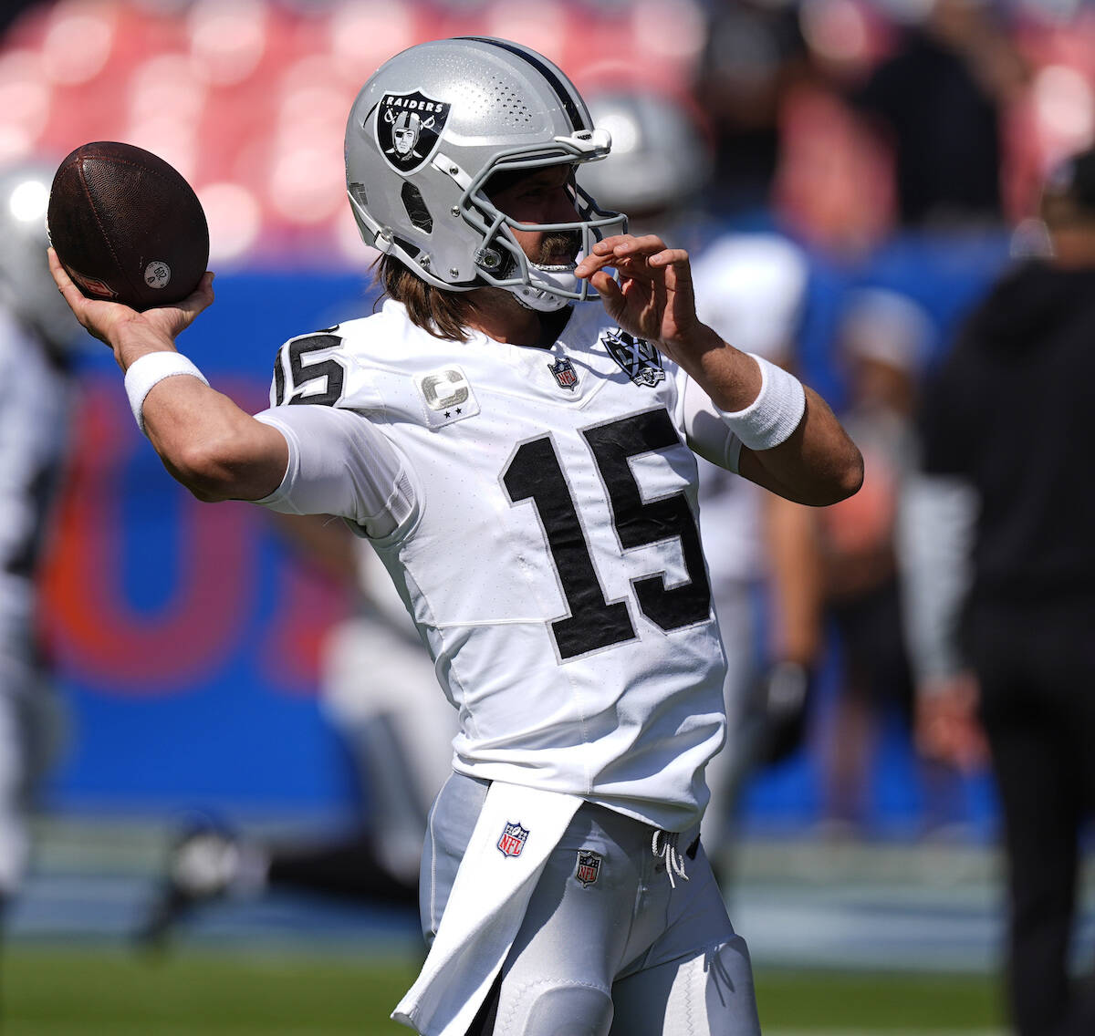 Las Vegas Raiders quarterback Gardner Minshew (15) before an NFL football game Sunday, Oct. 6, ...