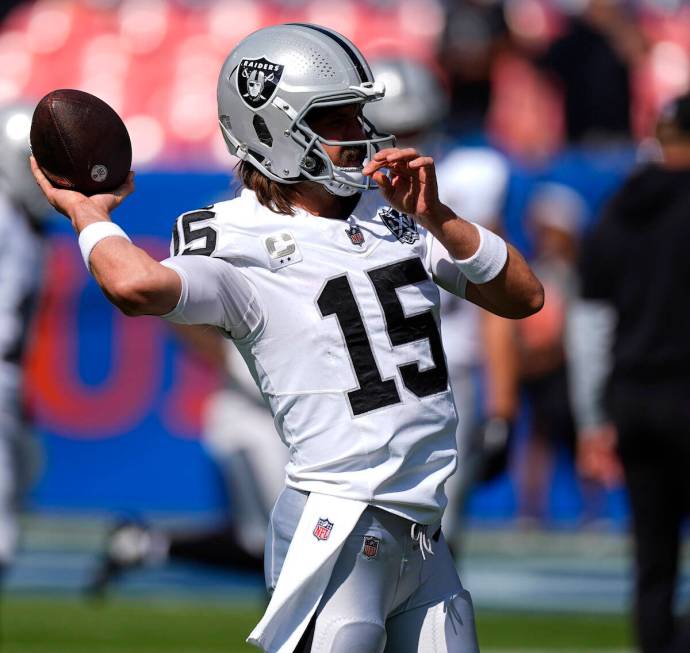 Las Vegas Raiders quarterback Gardner Minshew (15) before an NFL football game Sunday, Oct. 6, ...