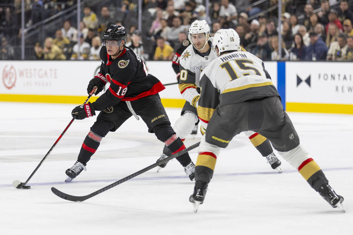 Ottawa Senators center Tim Stützle (18) controls the puck during the second period of the ...